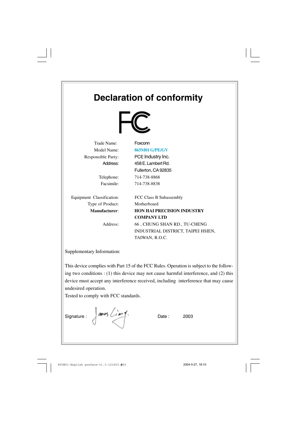 Declaration of conformity | Foxconn 865M01-G-6ELS User Manual | Page 4 / 111