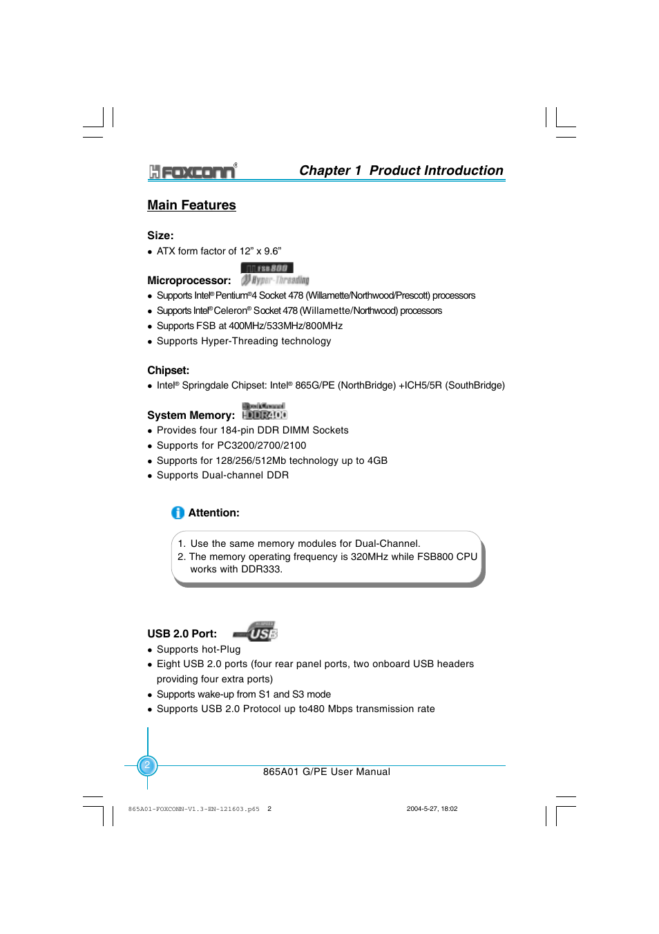 Chapter 1 product introduction, Main features | Foxconn 865A01-PE-6EKRS User Manual | Page 10 / 124