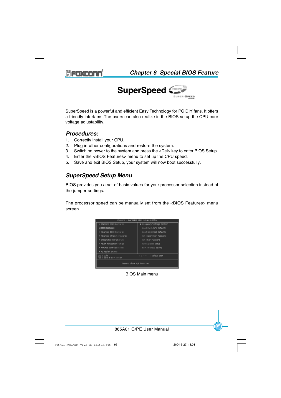 Superspeed, Chapter 6 special bios feature, Superspeed setup menu | Procedures | Foxconn 865A01-PE-6EKRS User Manual | Page 103 / 124