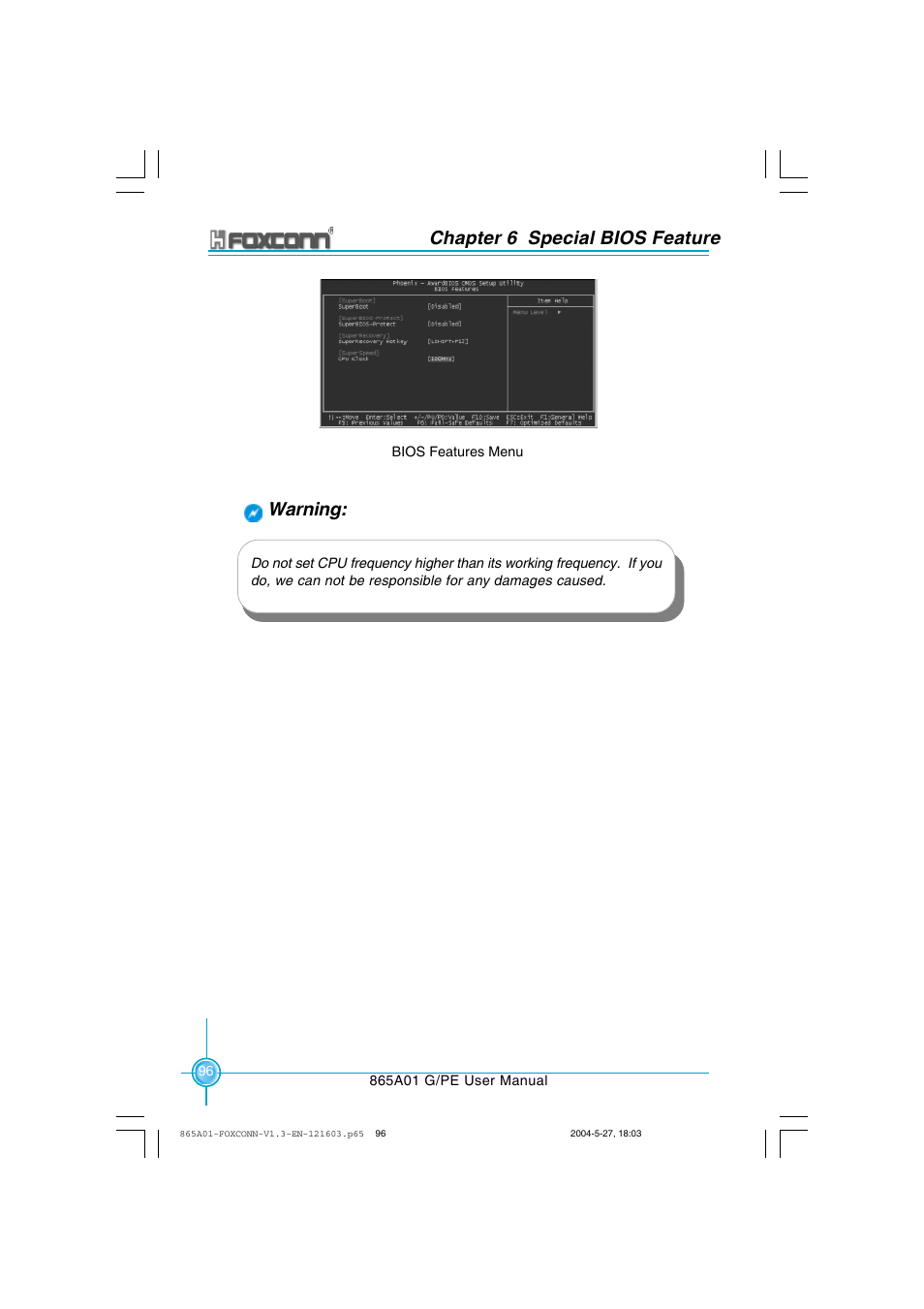 Chapter 6 special bios feature, Warning | Foxconn 865A01-PE-6EKRS User Manual | Page 104 / 124