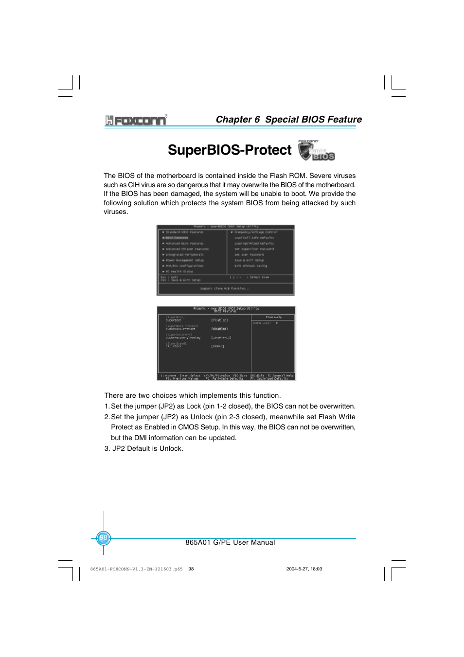 Superbios-protect, Chapter 6 special bios feature | Foxconn 865A01-PE-6EKRS User Manual | Page 106 / 124