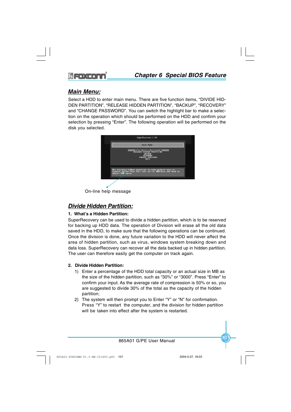 Chapter 6 special bios feature, Main menu, Divide hidden partition | Foxconn 865A01-PE-6EKRS User Manual | Page 109 / 124