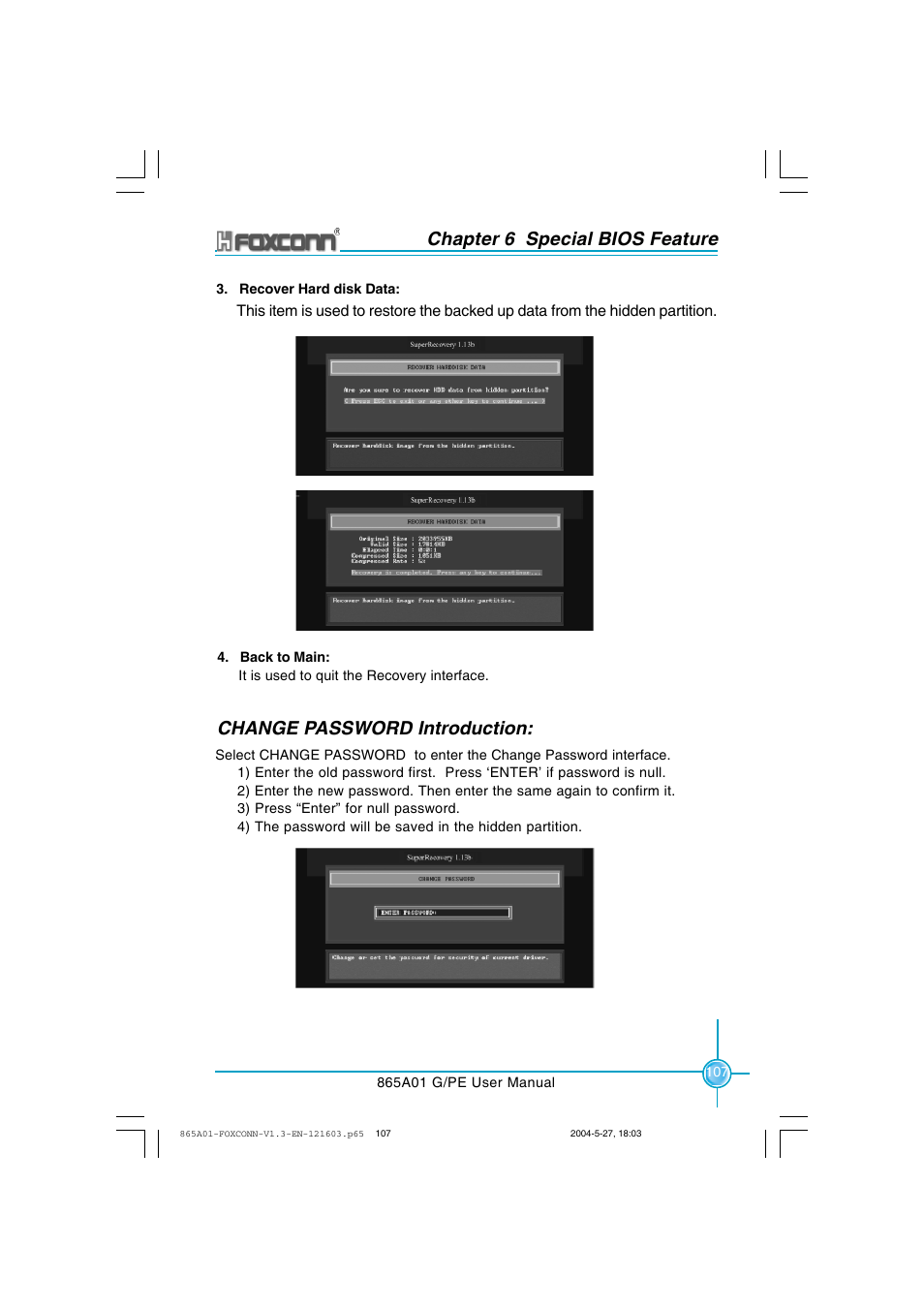 Chapter 6 special bios feature, Change password introduction | Foxconn 865A01-PE-6EKRS User Manual | Page 115 / 124