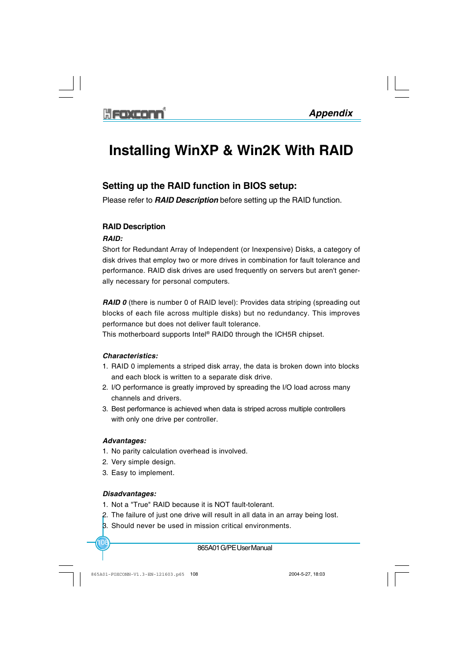 Installing winxp & win2k with raid, Appendix, Setting up the raid function in bios setup | Foxconn 865A01-PE-6EKRS User Manual | Page 116 / 124