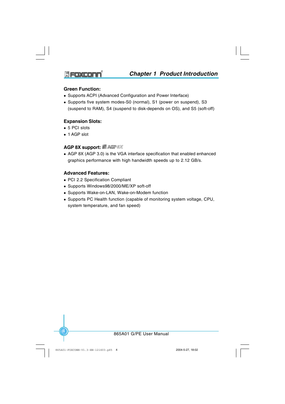 Chapter 1 product introduction | Foxconn 865A01-PE-6EKRS User Manual | Page 12 / 124