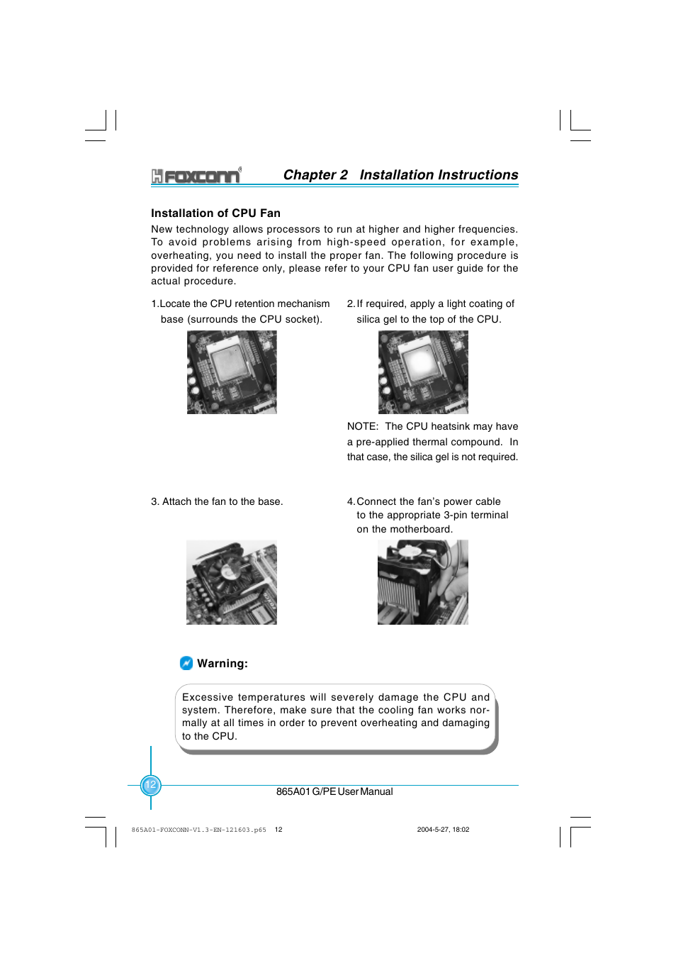 Chapter 2 installation instructions | Foxconn 865A01-PE-6EKRS User Manual | Page 20 / 124