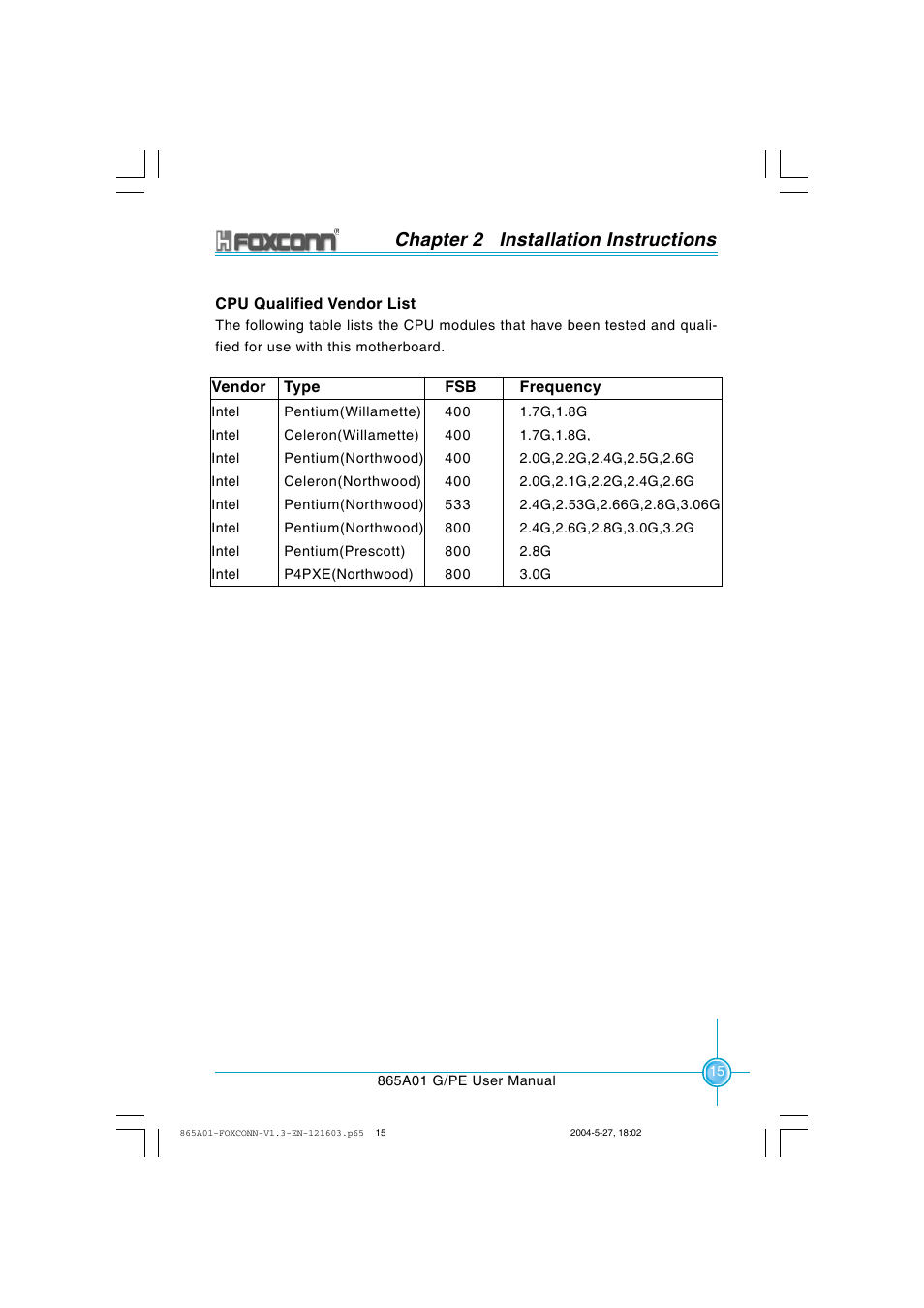 Chapter 2 installation instructions | Foxconn 865A01-PE-6EKRS User Manual | Page 23 / 124