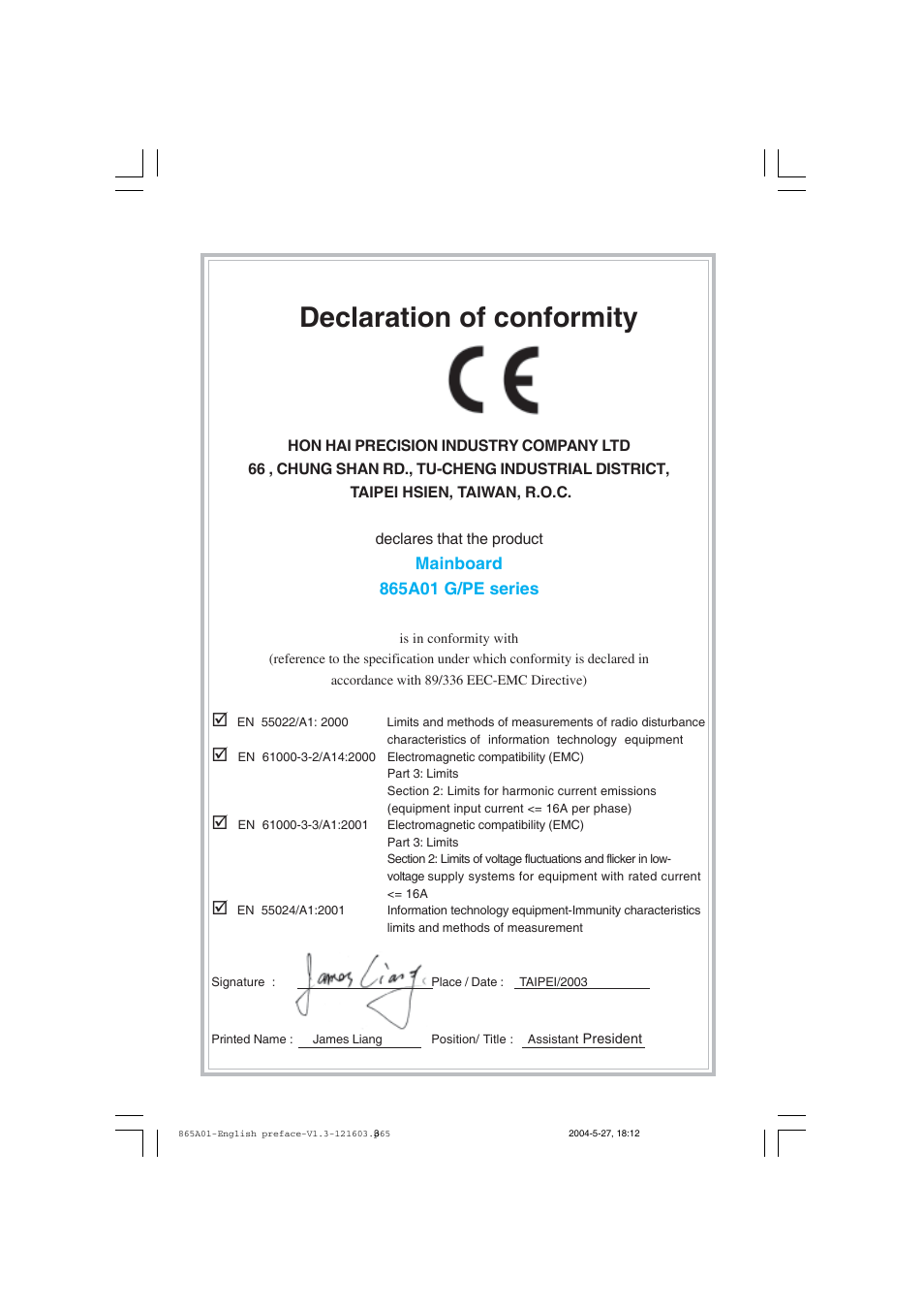Declaration of conformity | Foxconn 865A01-PE-6EKRS User Manual | Page 3 / 124