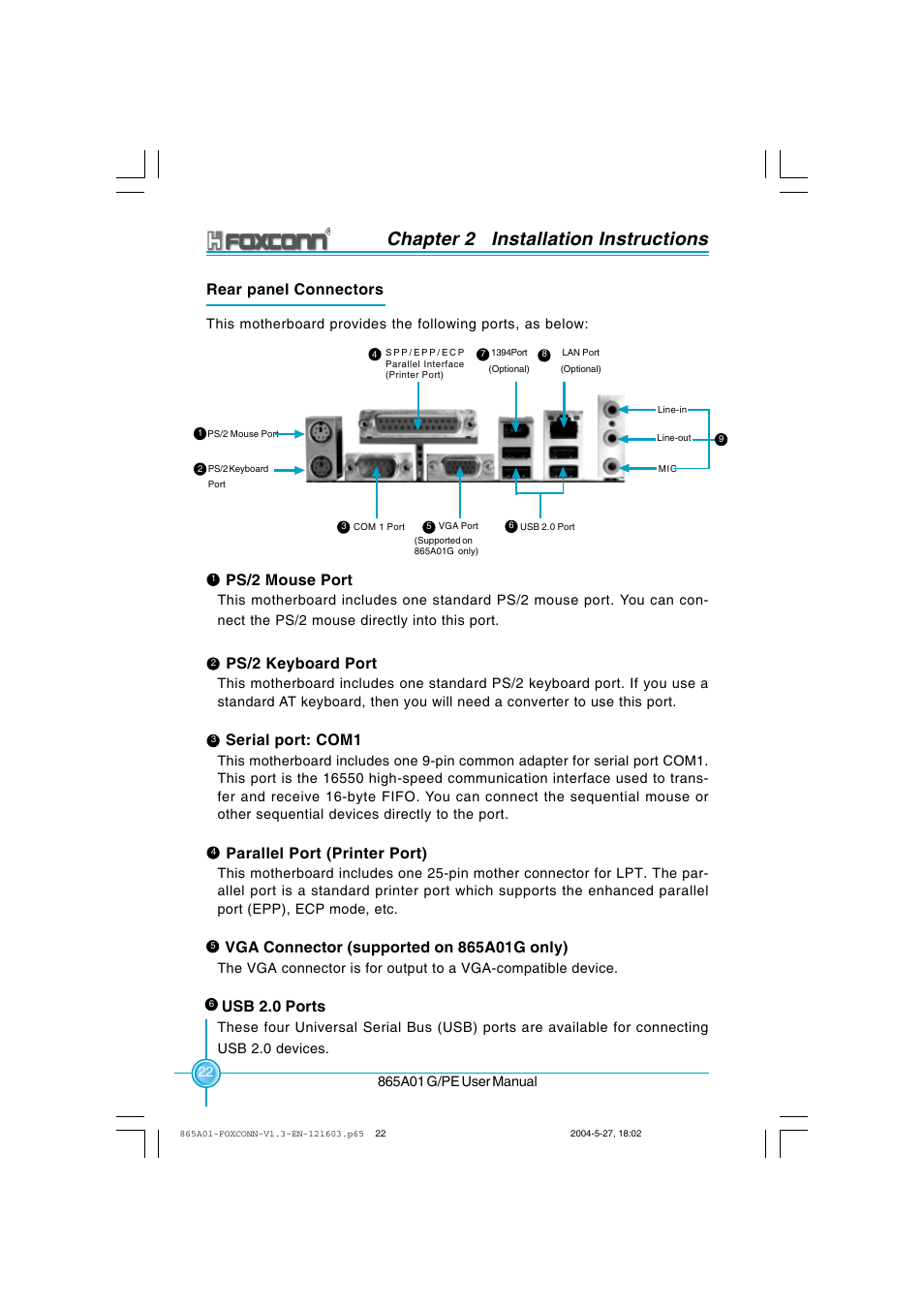 Chapter 2 installation instructions, Rear panel connectors, Ps/2 mouse port | Ps/2 keyboard port, Serial port: com1, Parallel port (printer port), Usb 2.0 ports | Foxconn 865A01-PE-6EKRS User Manual | Page 30 / 124