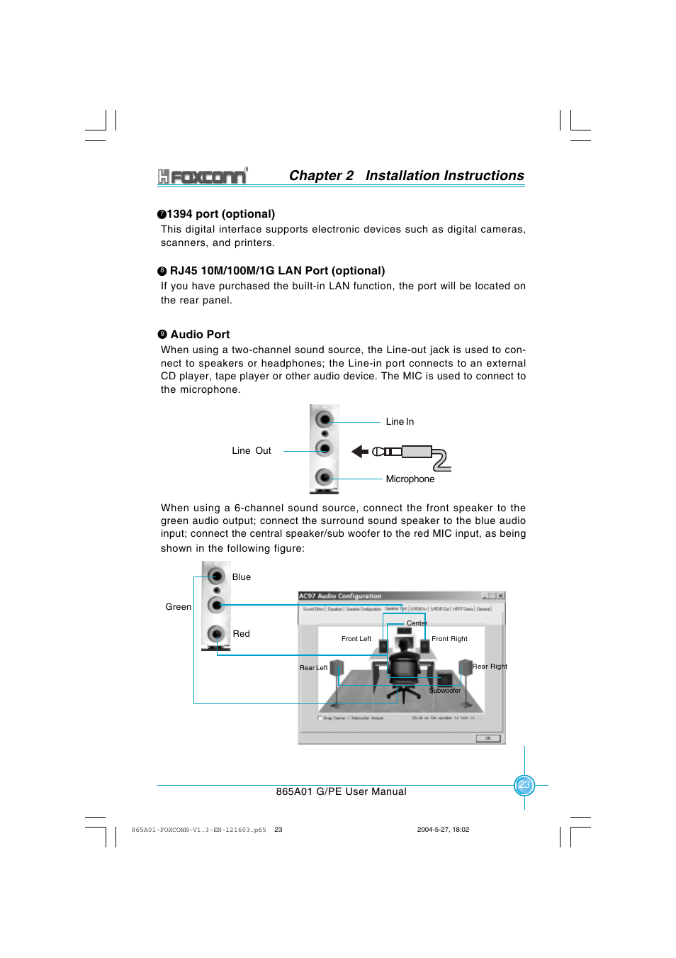 Chapter 2 installation instructions, 1394 port (optional), Audio port | Foxconn 865A01-PE-6EKRS User Manual | Page 31 / 124