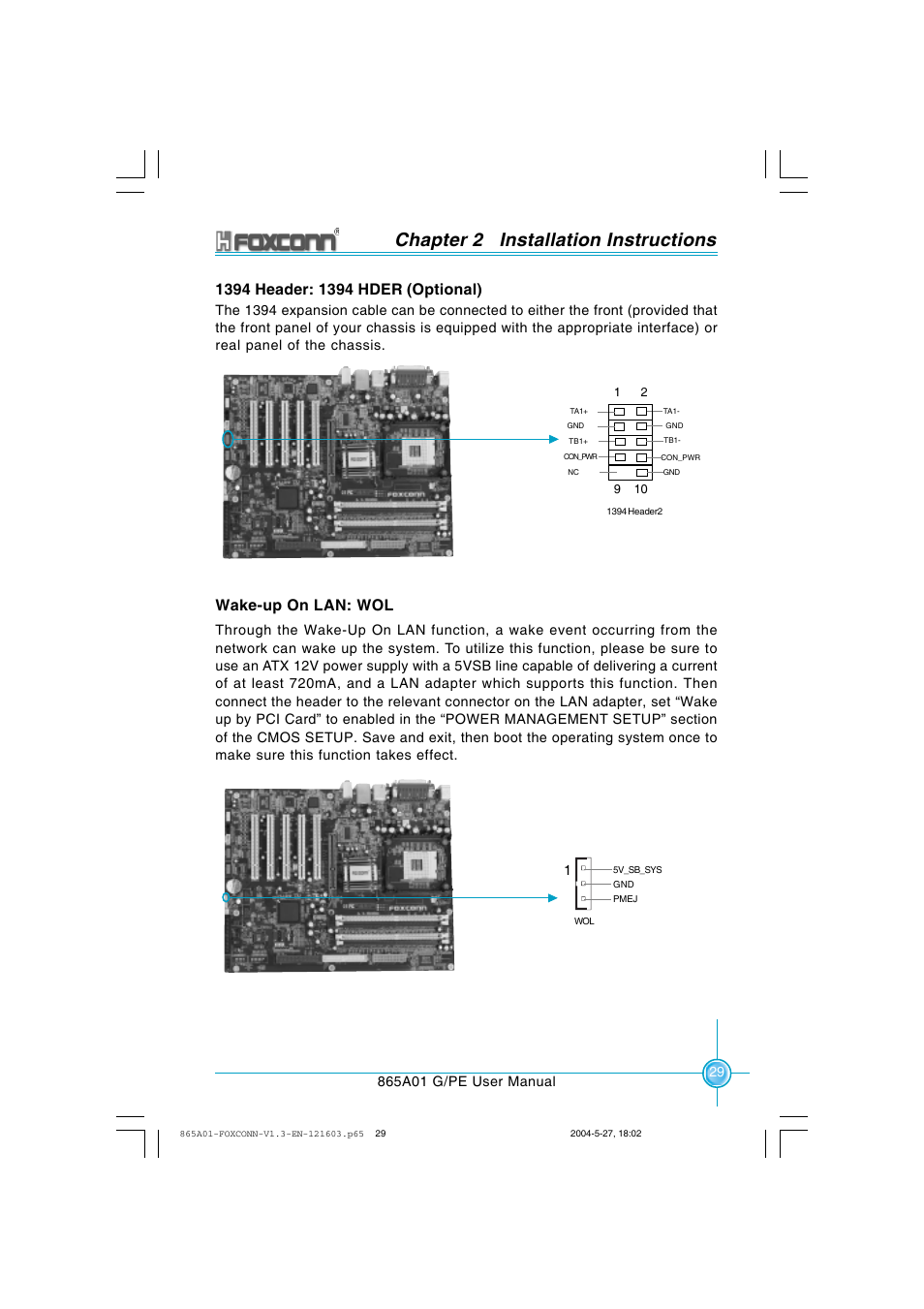 Chapter 2 installation instructions, Wake-up on lan: wol | Foxconn 865A01-PE-6EKRS User Manual | Page 37 / 124
