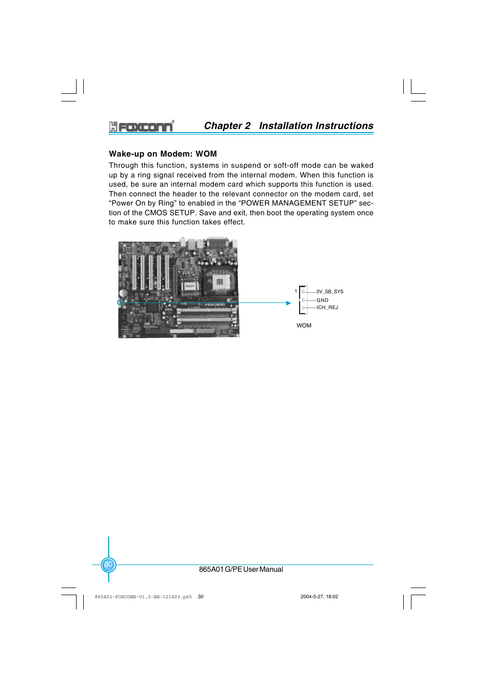 Chapter 2 installation instructions, Wake-up on modem: wom | Foxconn 865A01-PE-6EKRS User Manual | Page 38 / 124