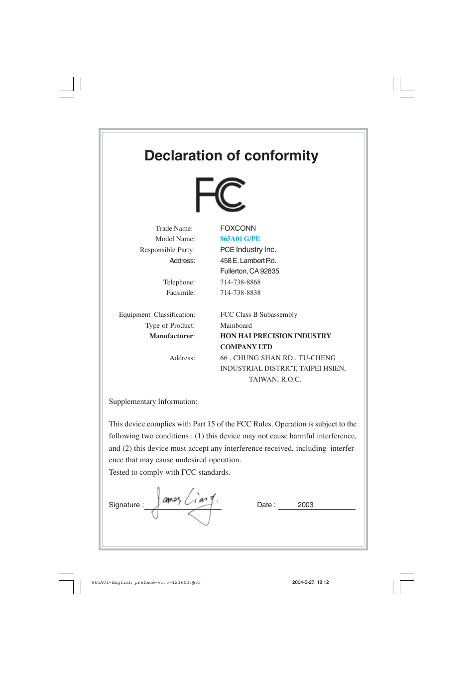 Declaration of conformity | Foxconn 865A01-PE-6EKRS User Manual | Page 4 / 124