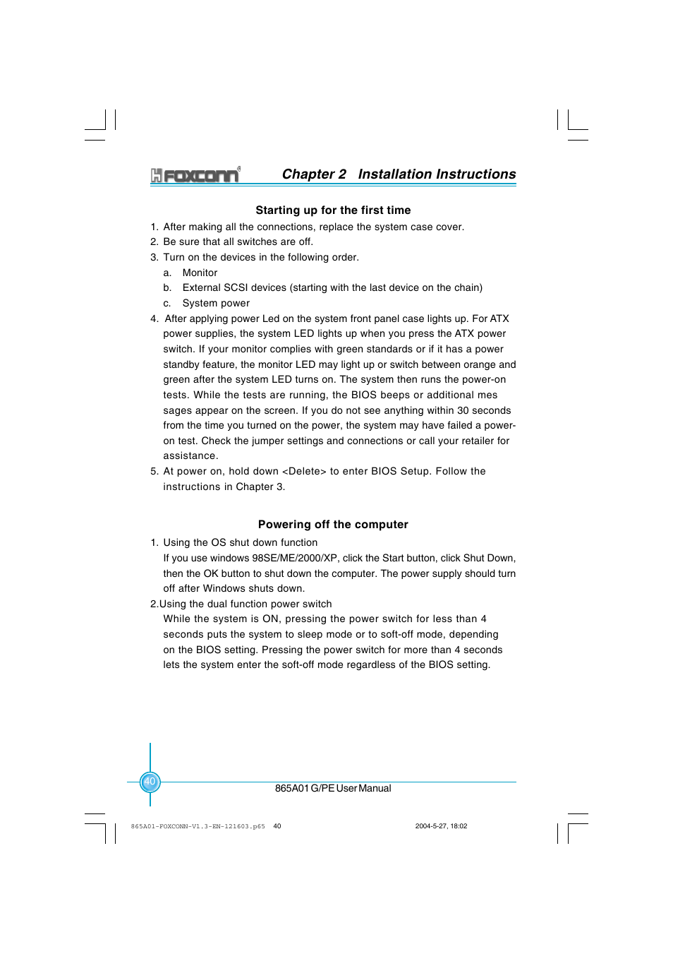 Chapter 2 installation instructions | Foxconn 865A01-PE-6EKRS User Manual | Page 48 / 124