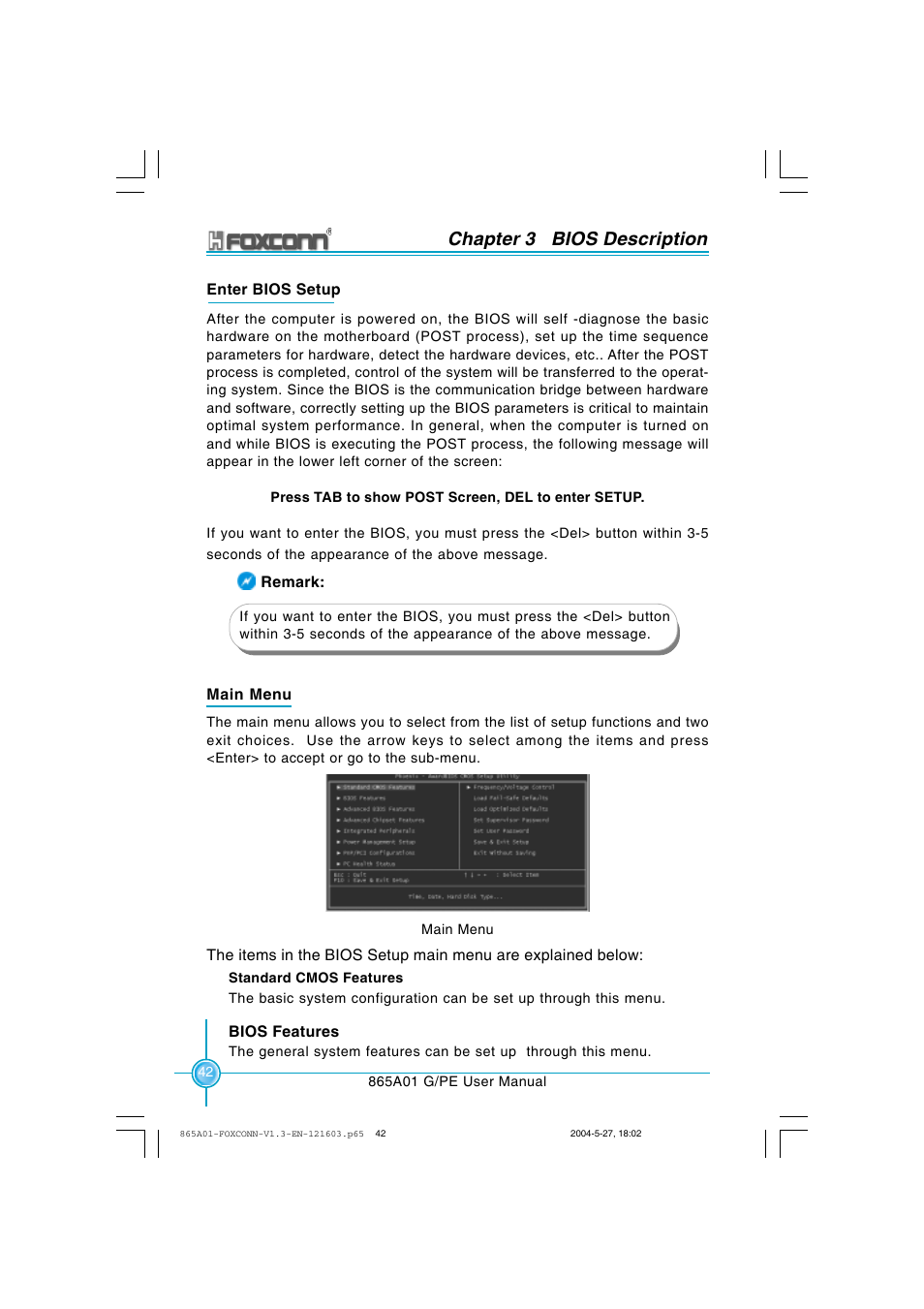 Chapter 3 bios description | Foxconn 865A01-PE-6EKRS User Manual | Page 50 / 124