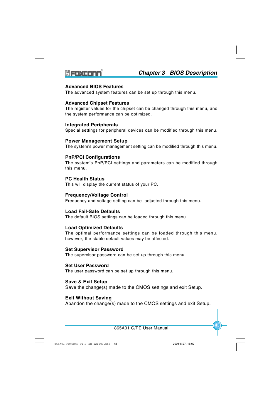Chapter 3 bios description | Foxconn 865A01-PE-6EKRS User Manual | Page 51 / 124