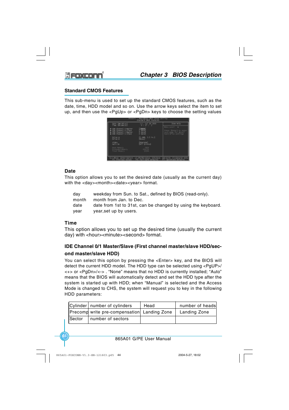 Chapter 3 bios description | Foxconn 865A01-PE-6EKRS User Manual | Page 52 / 124