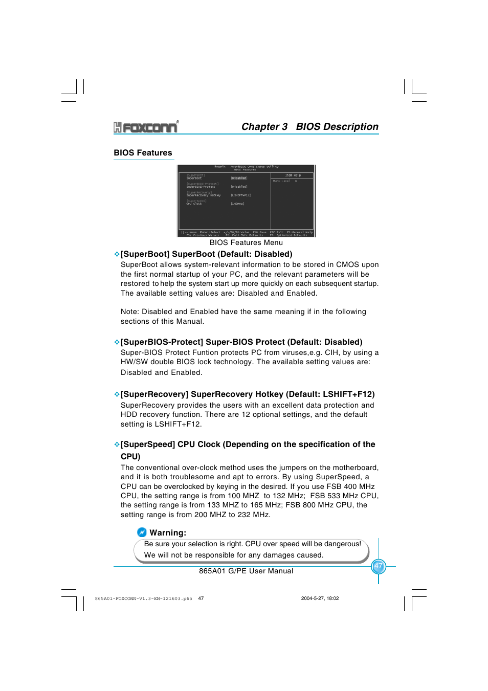 Chapter 3 bios description | Foxconn 865A01-PE-6EKRS User Manual | Page 55 / 124