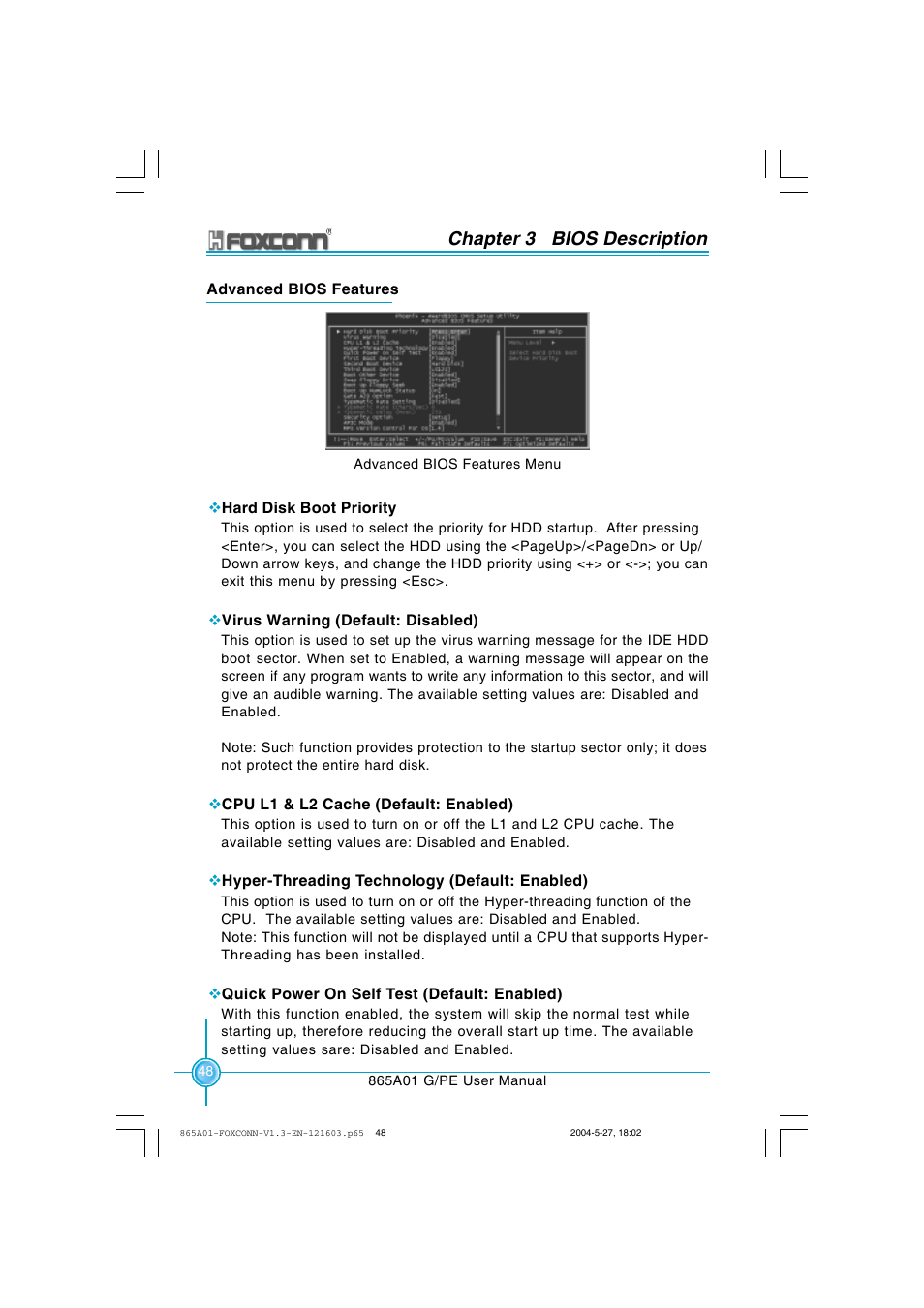 Chapter 3 bios description | Foxconn 865A01-PE-6EKRS User Manual | Page 56 / 124