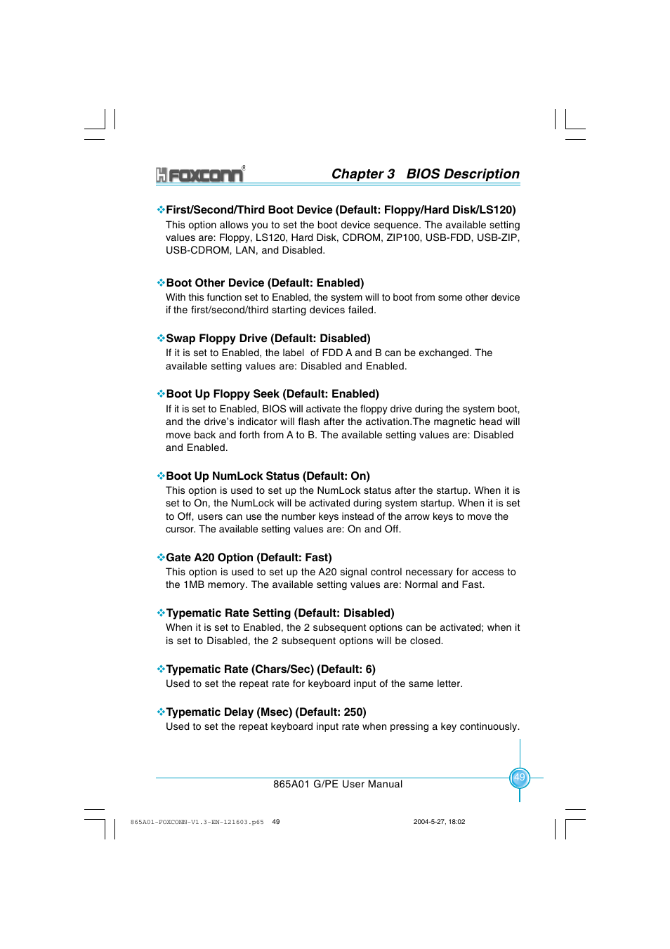 Chapter 3 bios description | Foxconn 865A01-PE-6EKRS User Manual | Page 57 / 124