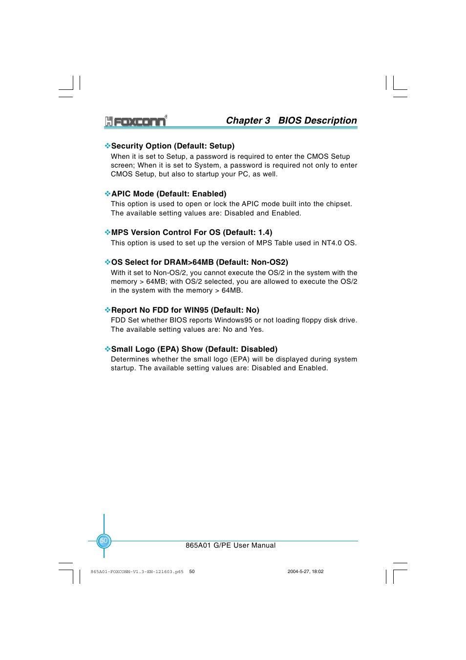 Chapter 3 bios description | Foxconn 865A01-PE-6EKRS User Manual | Page 58 / 124