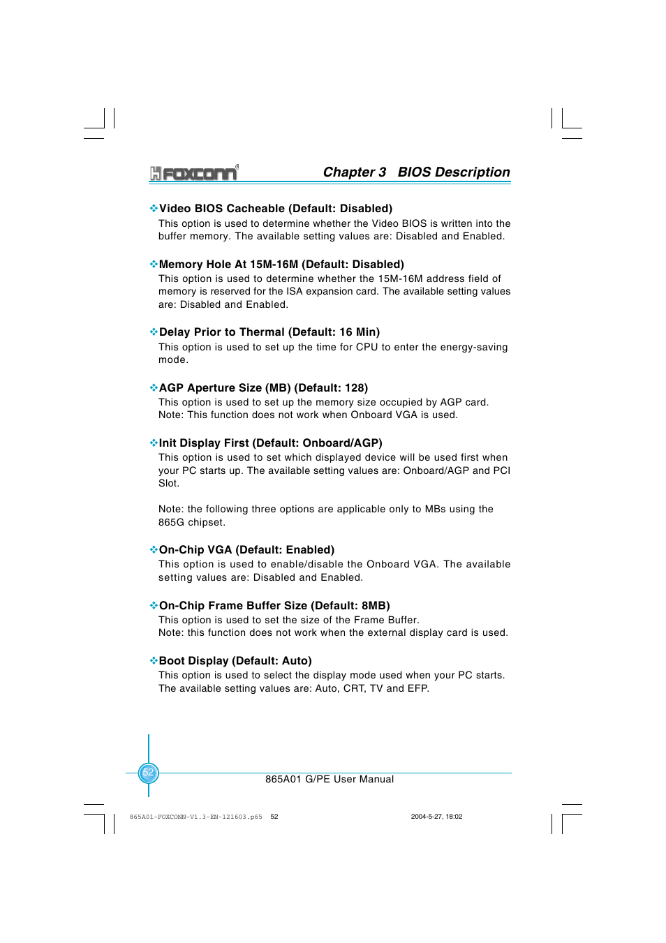 Chapter 3 bios description | Foxconn 865A01-PE-6EKRS User Manual | Page 60 / 124