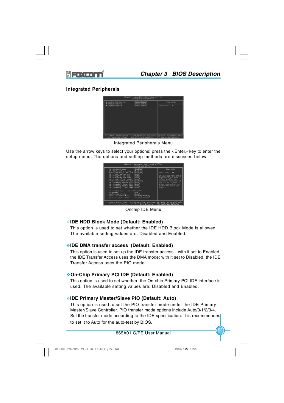 Chapter 3 bios description | Foxconn 865A01-PE-6EKRS User Manual | Page 61 / 124