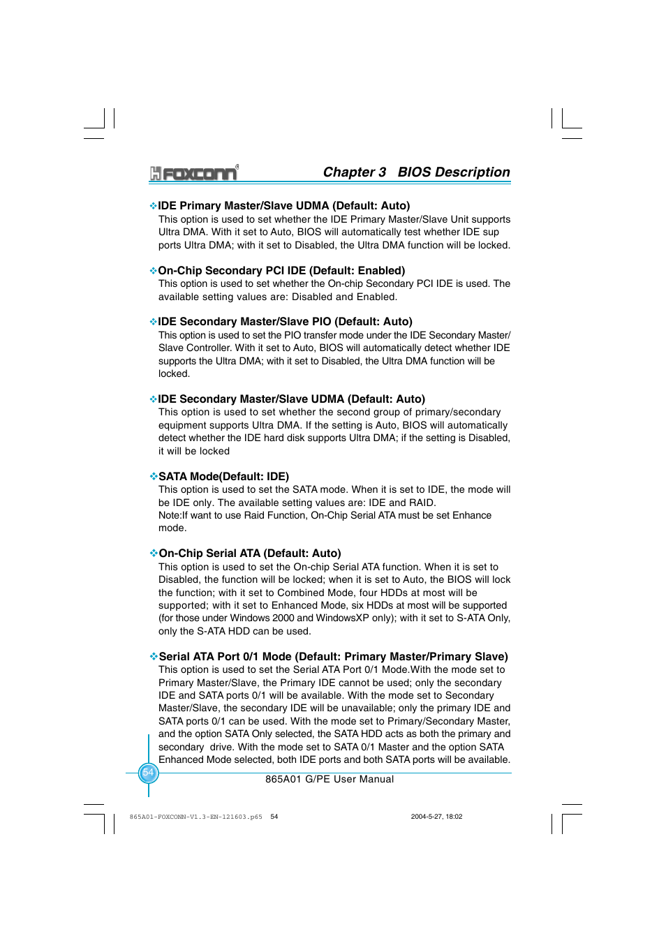 Chapter 3 bios description | Foxconn 865A01-PE-6EKRS User Manual | Page 62 / 124