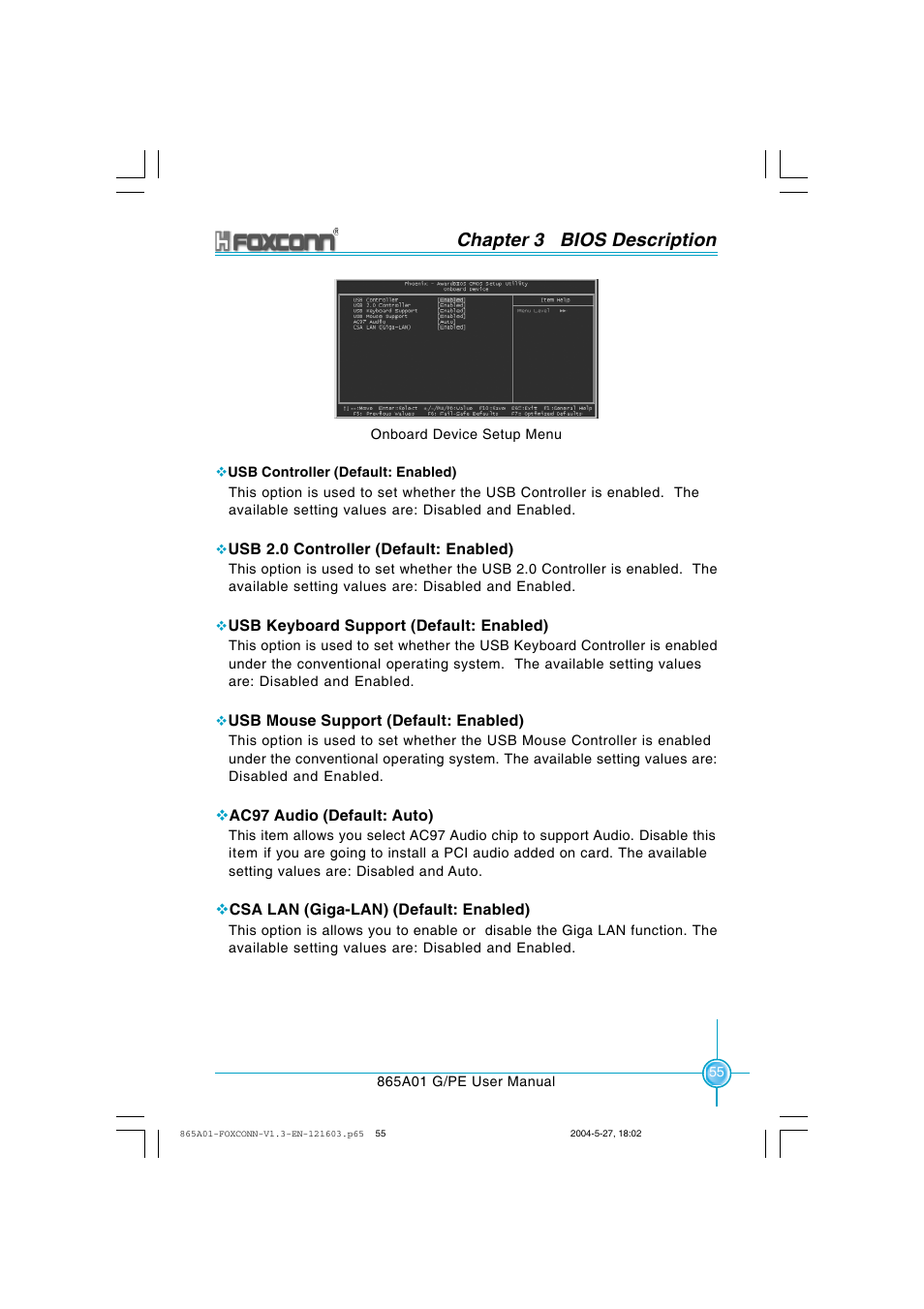 Chapter 3 bios description | Foxconn 865A01-PE-6EKRS User Manual | Page 63 / 124