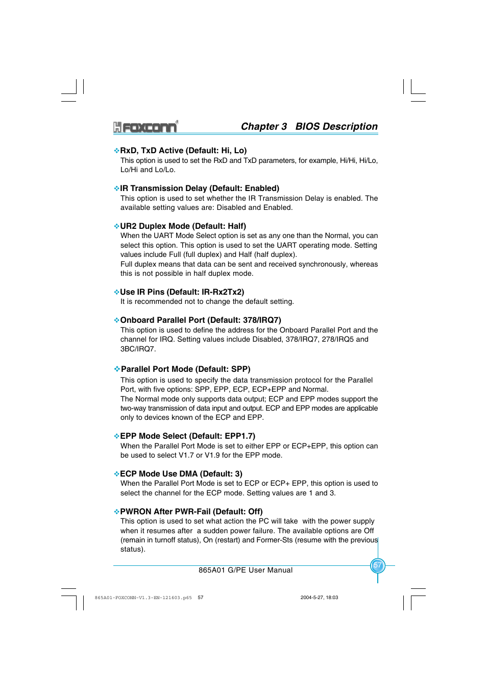 Chapter 3 bios description | Foxconn 865A01-PE-6EKRS User Manual | Page 65 / 124