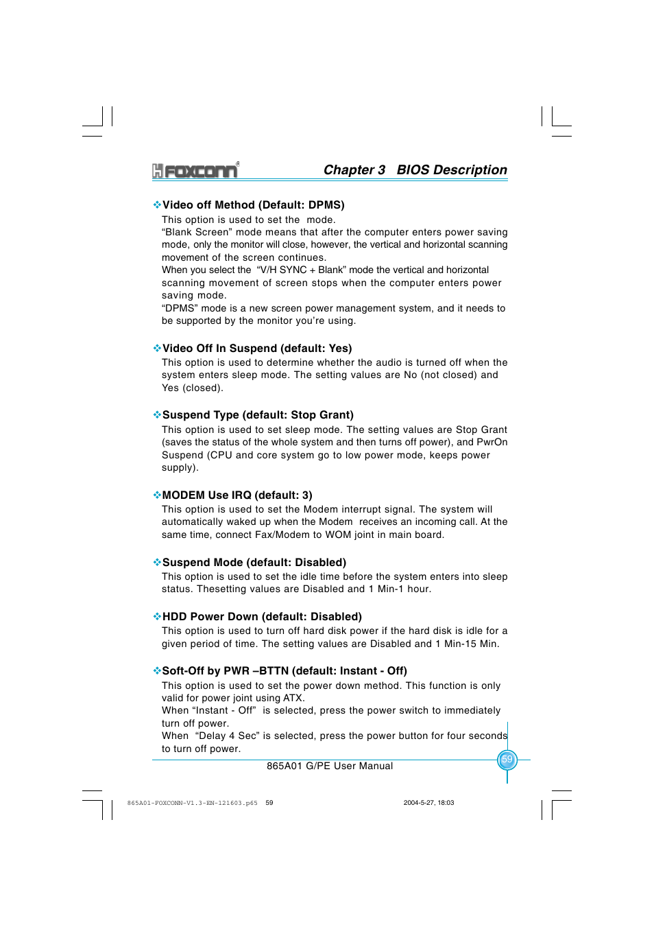 Chapter 3 bios description | Foxconn 865A01-PE-6EKRS User Manual | Page 67 / 124