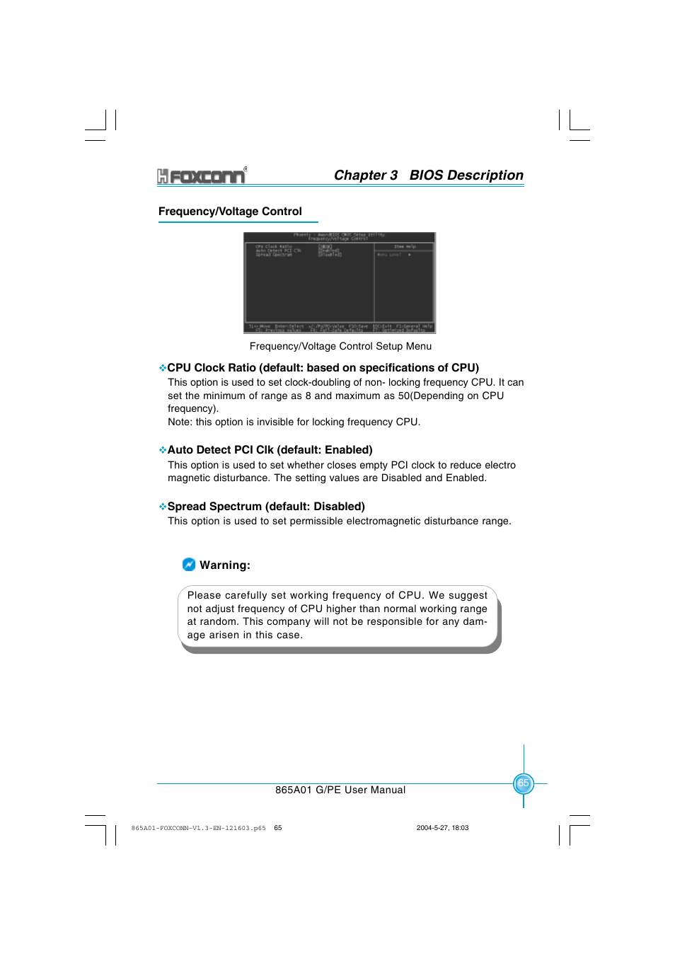 Chapter 3 bios description | Foxconn 865A01-PE-6EKRS User Manual | Page 73 / 124