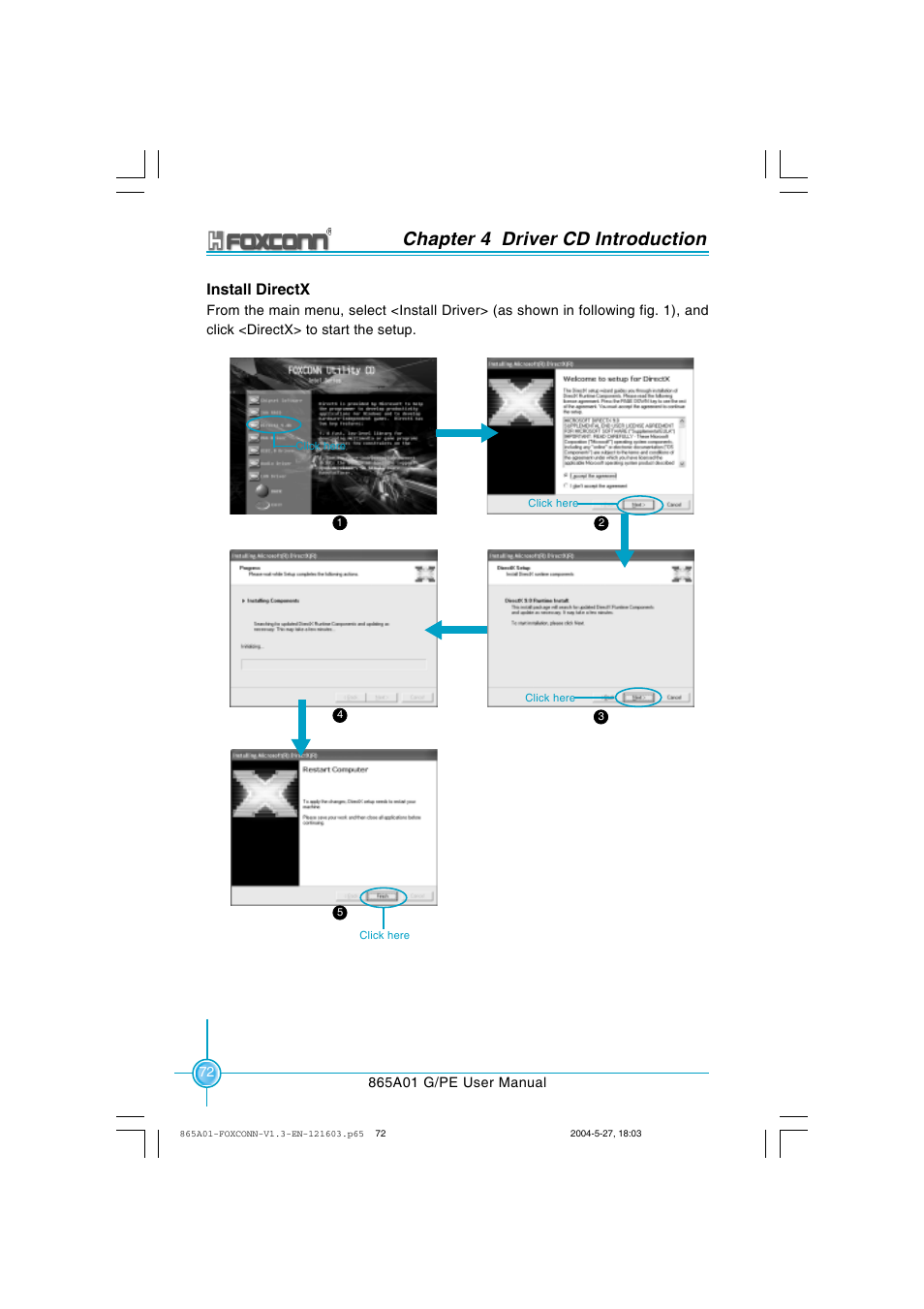 Chapter 4 driver cd introduction, Install directx | Foxconn 865A01-PE-6EKRS User Manual | Page 80 / 124