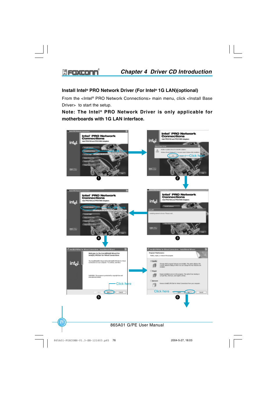 Chapter 4 driver cd introduction, Install intel, Pro network driver (for intel | 1g lan)(optional) | Foxconn 865A01-PE-6EKRS User Manual | Page 84 / 124