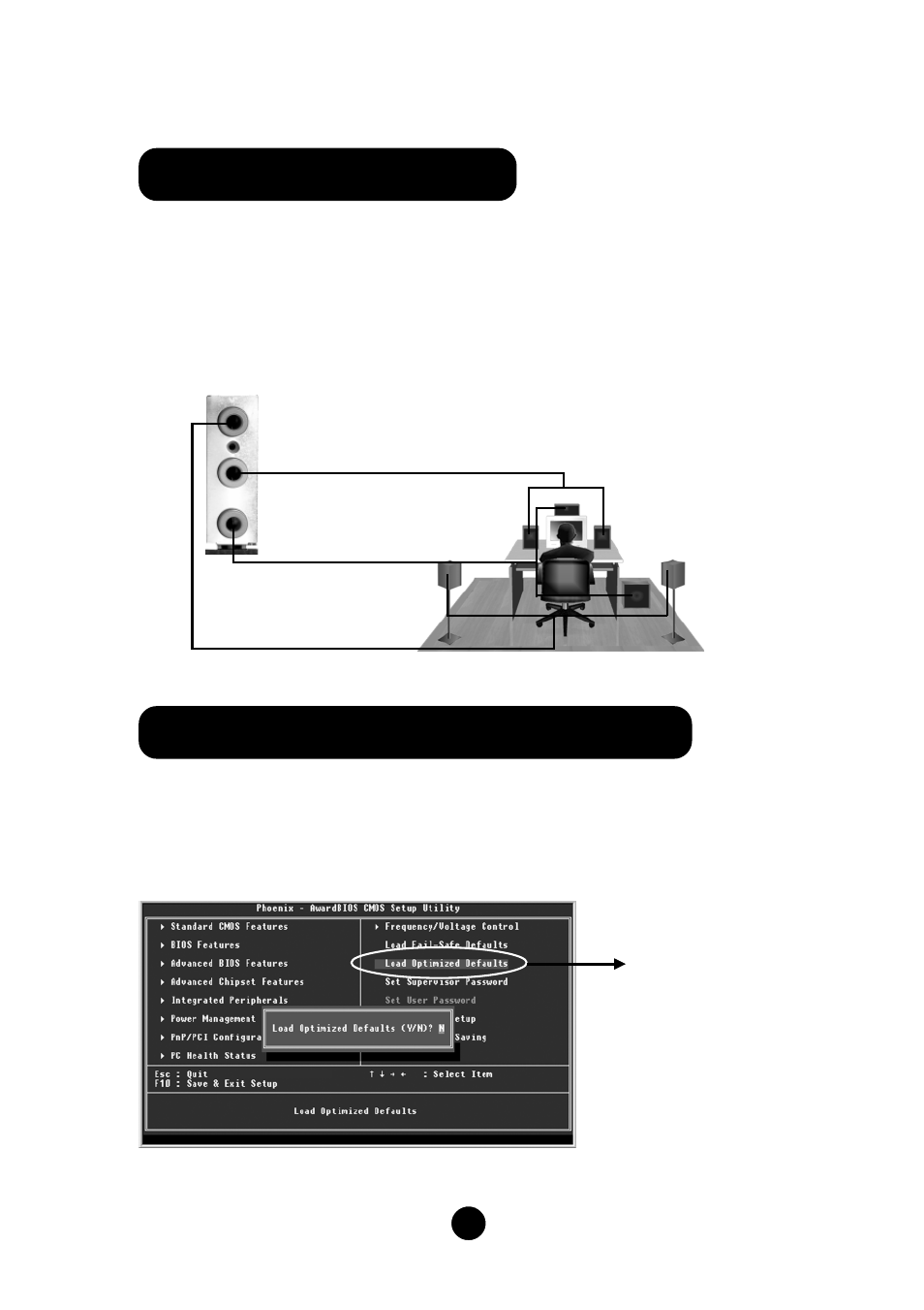 Power on and load optimized defaults, Using 6-channel audio | Foxconn 6514MR-ES User Manual | Page 9 / 10