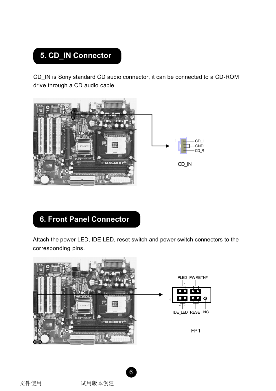 Cd_in connector, Front panel connector | Foxconn 661MX User Manual | Page 6 / 10