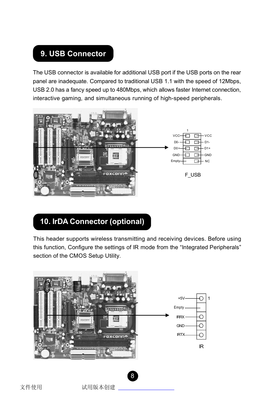 Irda connector (optional), Usb connector | Foxconn 661MX User Manual | Page 8 / 10