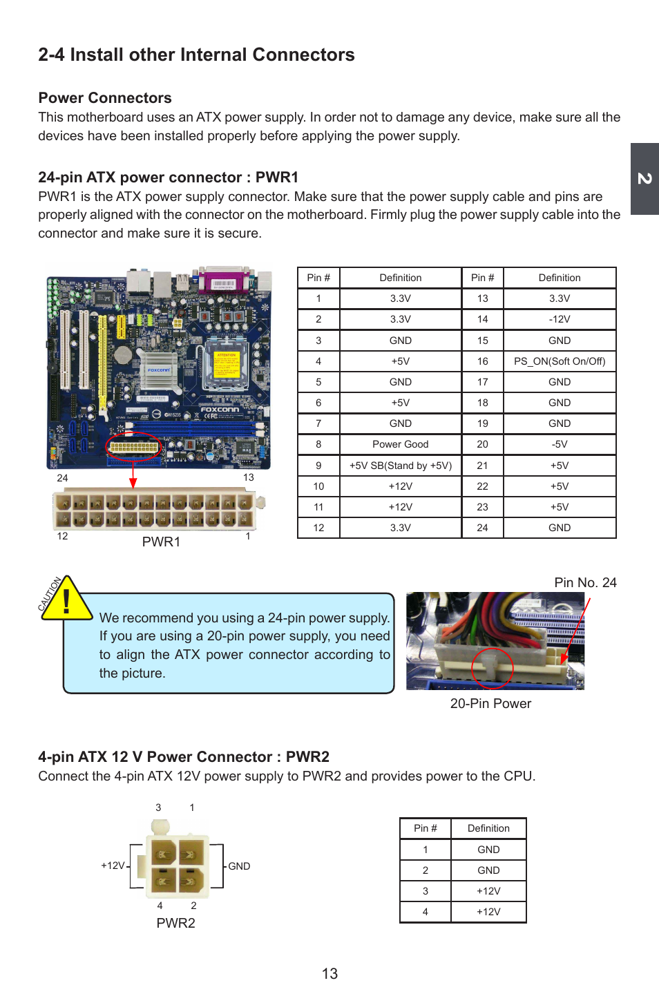 4 install other internal connectors, Power connectors, Pin atx power connector : pwr1 | Pin atx 12 v power connector : pwr2, Pwr1, Pin power pin no. 24, Pwr2 | Foxconn M7VMX Series User Manual | Page 20 / 107