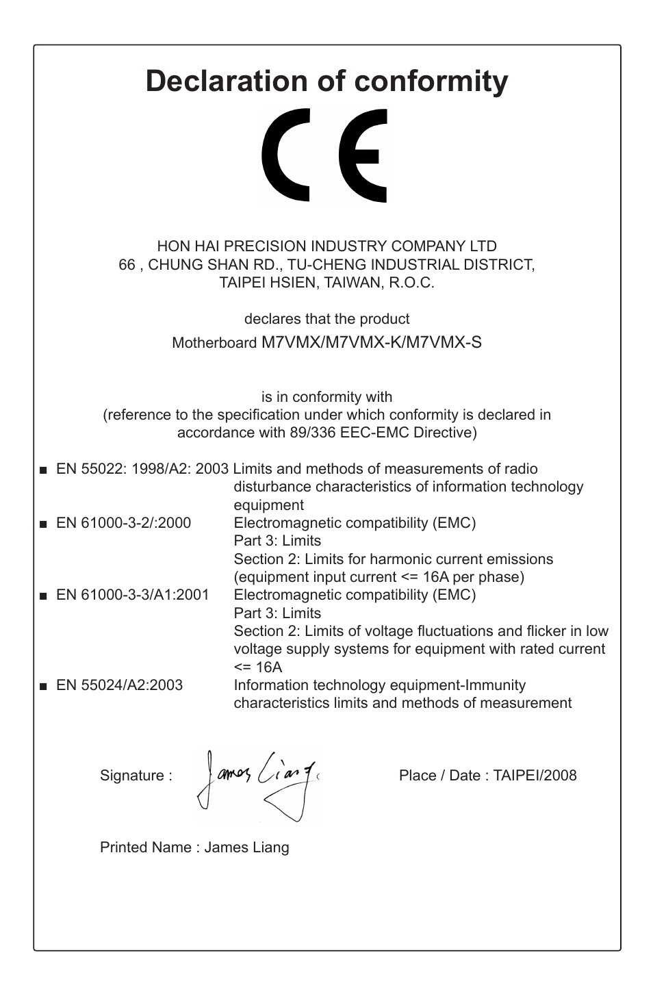 Declaration of conformity | Foxconn M7VMX Series User Manual | Page 3 / 107
