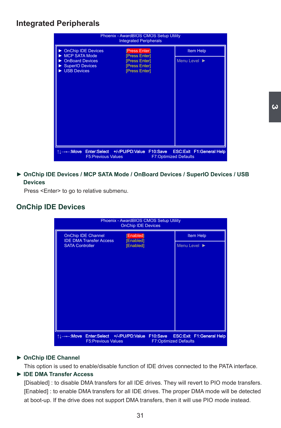 Integrated peripherals, Onchip ide devices | Foxconn M7VMX Series User Manual | Page 38 / 107
