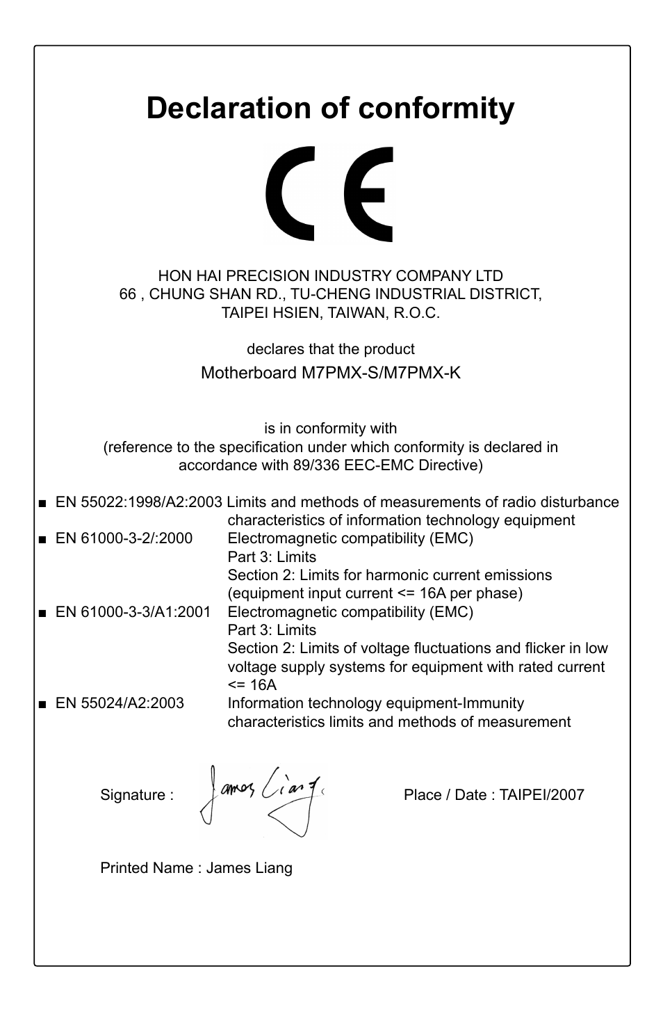 Declaration of conformity | Foxconn M7PMX Series User Manual | Page 3 / 108