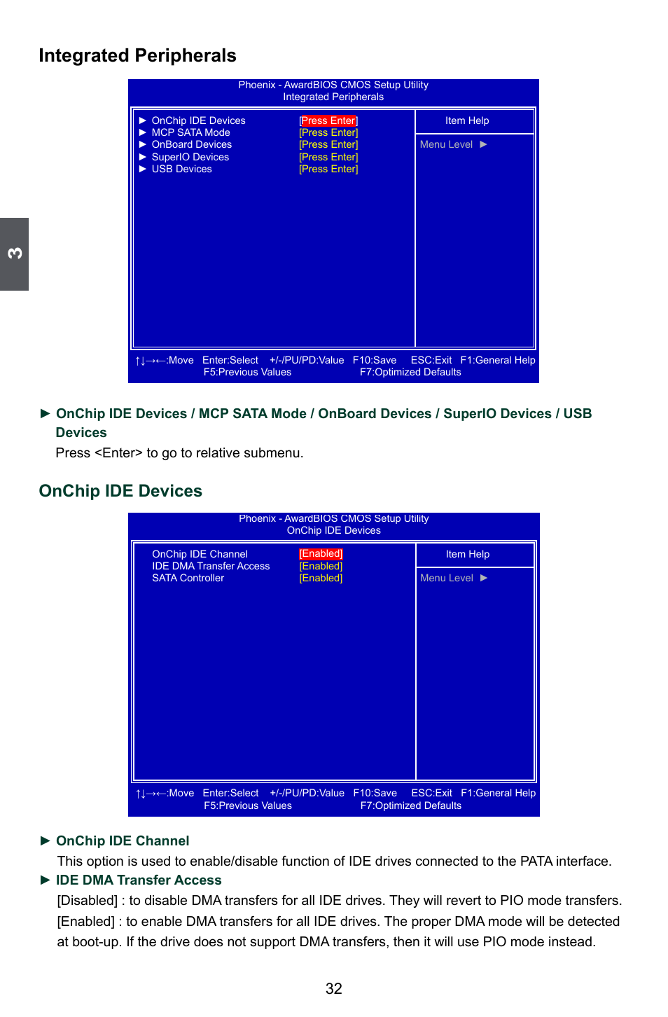 Integrated peripherals, Onchip ide devices | Foxconn M7PMX Series User Manual | Page 39 / 108