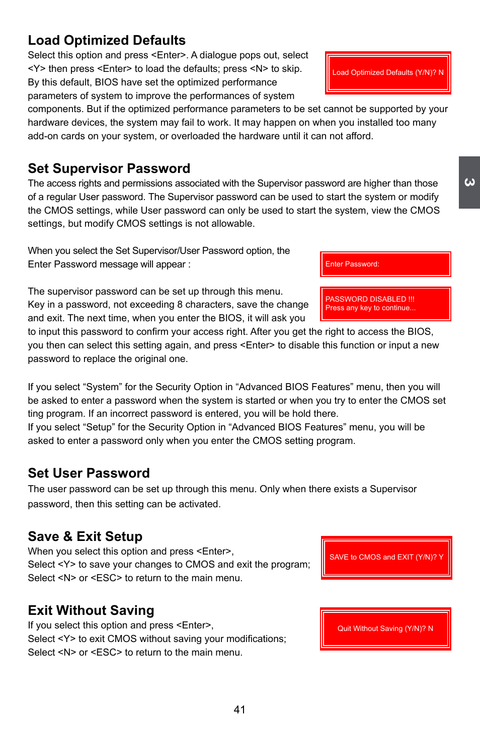 Load optimized defaults, Set supervisor password, Set user password | Save & exit setup, Exit without saving | Foxconn M7PMX Series User Manual | Page 48 / 108