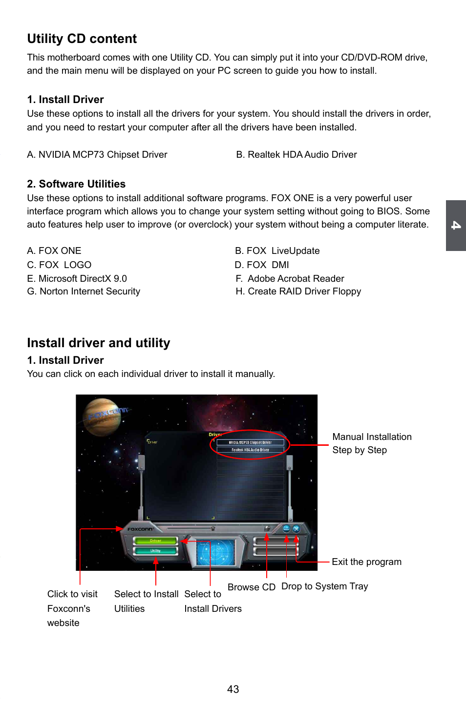 Utility cd content, Install driver and utility | Foxconn M7PMX Series User Manual | Page 50 / 108