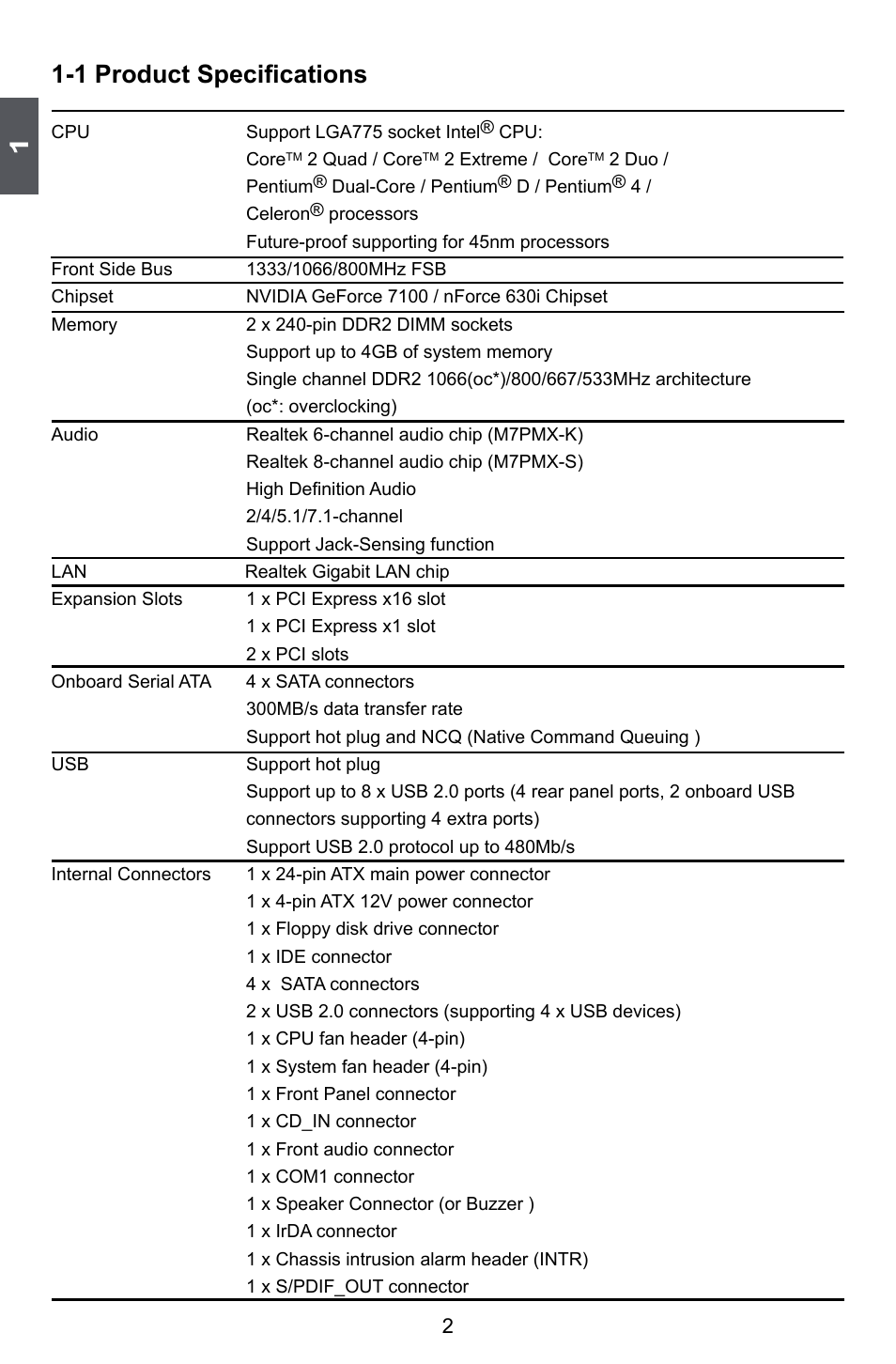 1 product specifications | Foxconn M7PMX Series User Manual | Page 9 / 108
