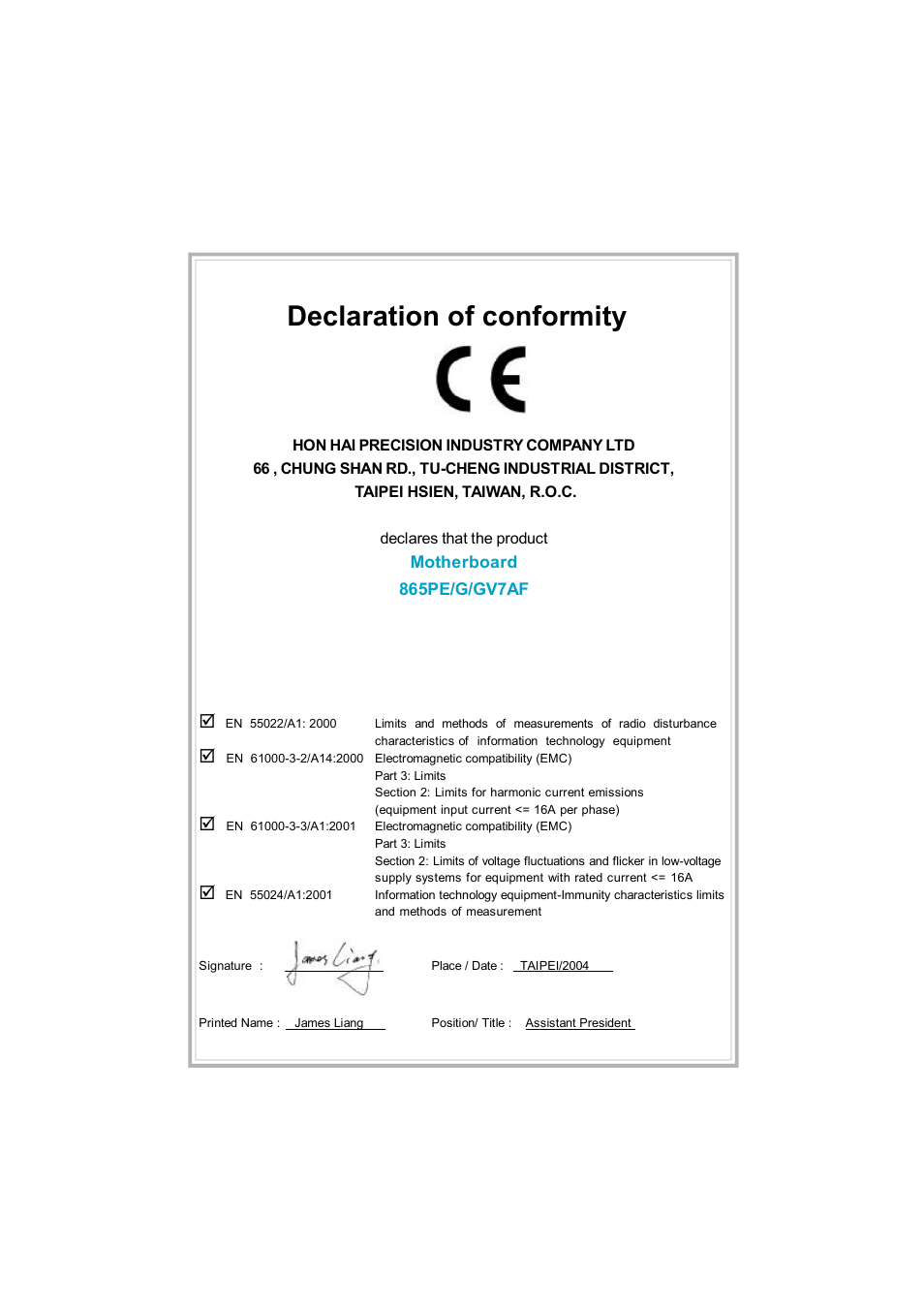 Declaration of conformity | Foxconn 865G7AF-8EKS User Manual | Page 2 / 51