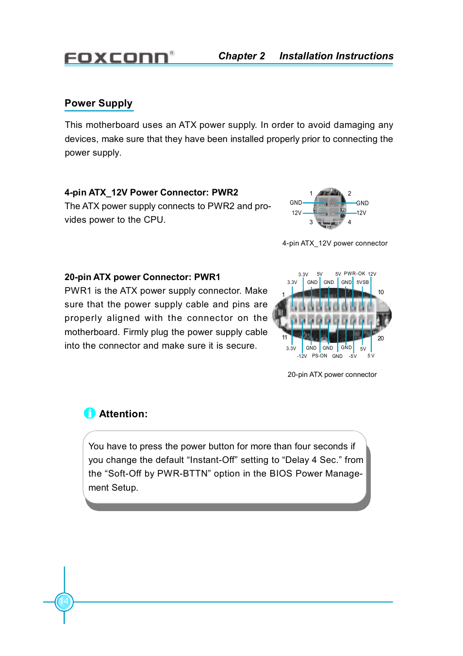 Chapter 2 installation instructions, Power supply, Attention | Foxconn 865G7AF-8EKS User Manual | Page 20 / 51