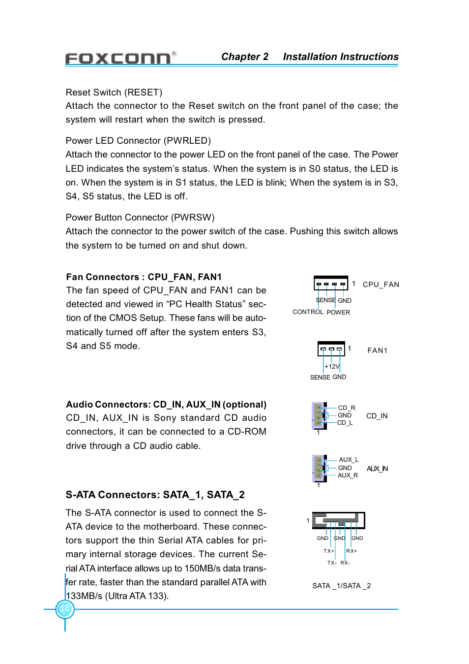 Chapter 2 installation instructions, S-ata connectors: sata_1, sata_2 | Foxconn 865G7AF-8EKS User Manual | Page 24 / 51