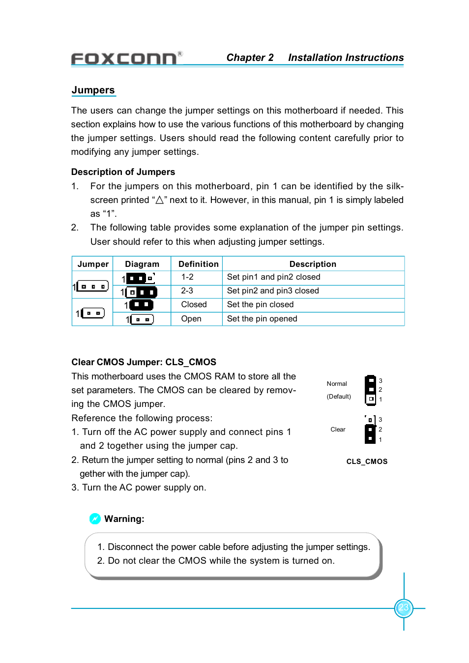 Chapter 2 installation instructions, Jumpers | Foxconn 865G7AF-8EKS User Manual | Page 29 / 51