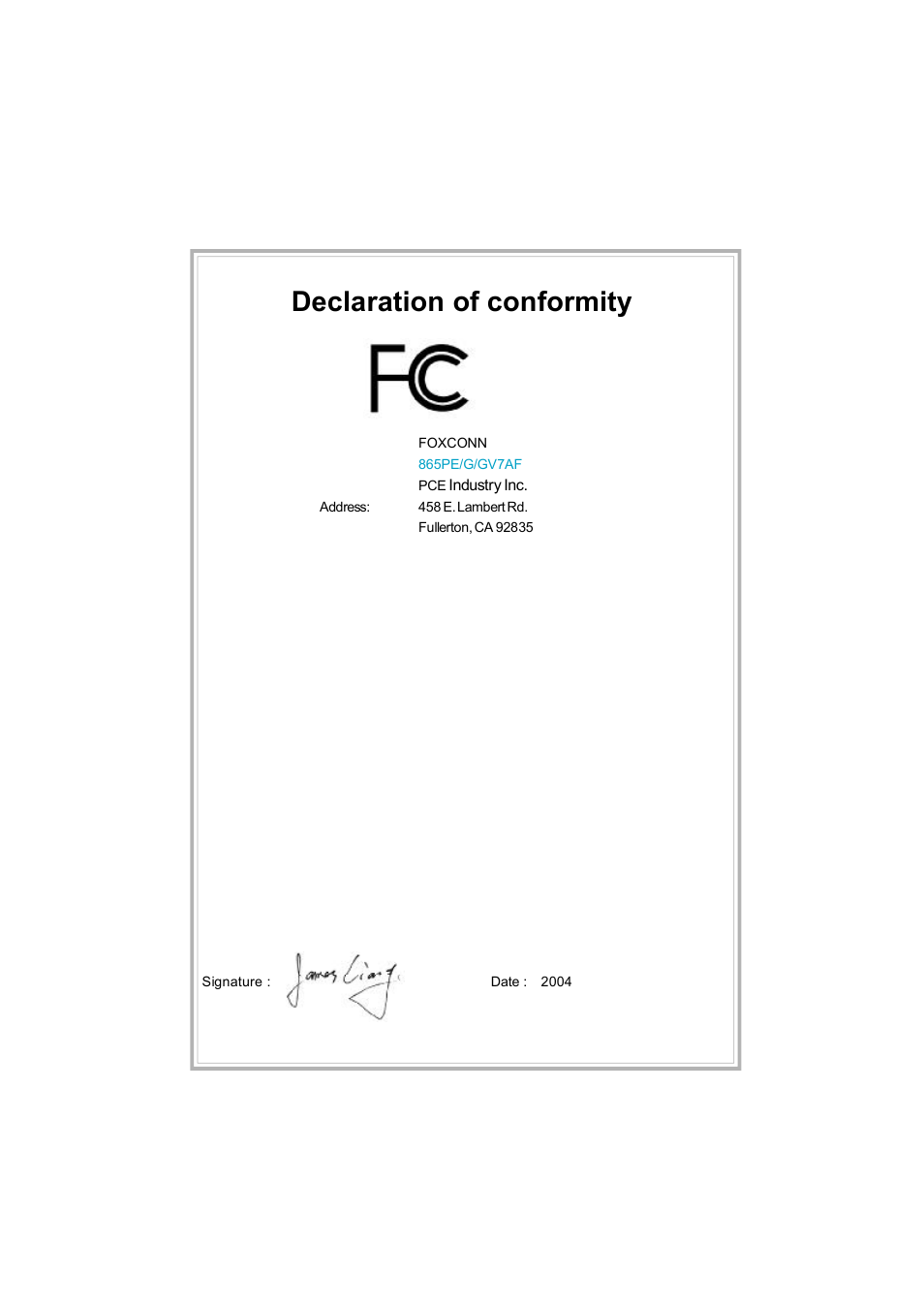 Declaration of conformity | Foxconn 865G7AF-8EKS User Manual | Page 3 / 51